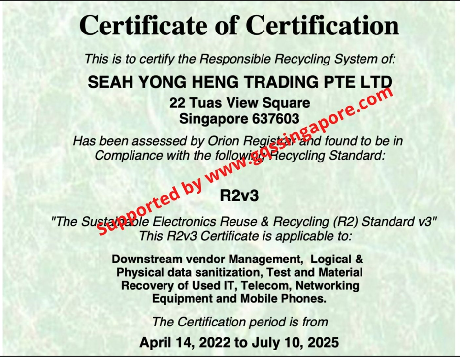 Read more about the article SYH Singapore is R2 version 3 certified